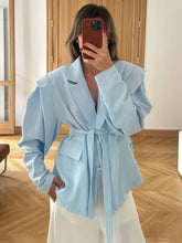 Aurohaya Women's Off-Shoulder Belted Blazer Long Sleeve Chic Office & Cocktail Jacket